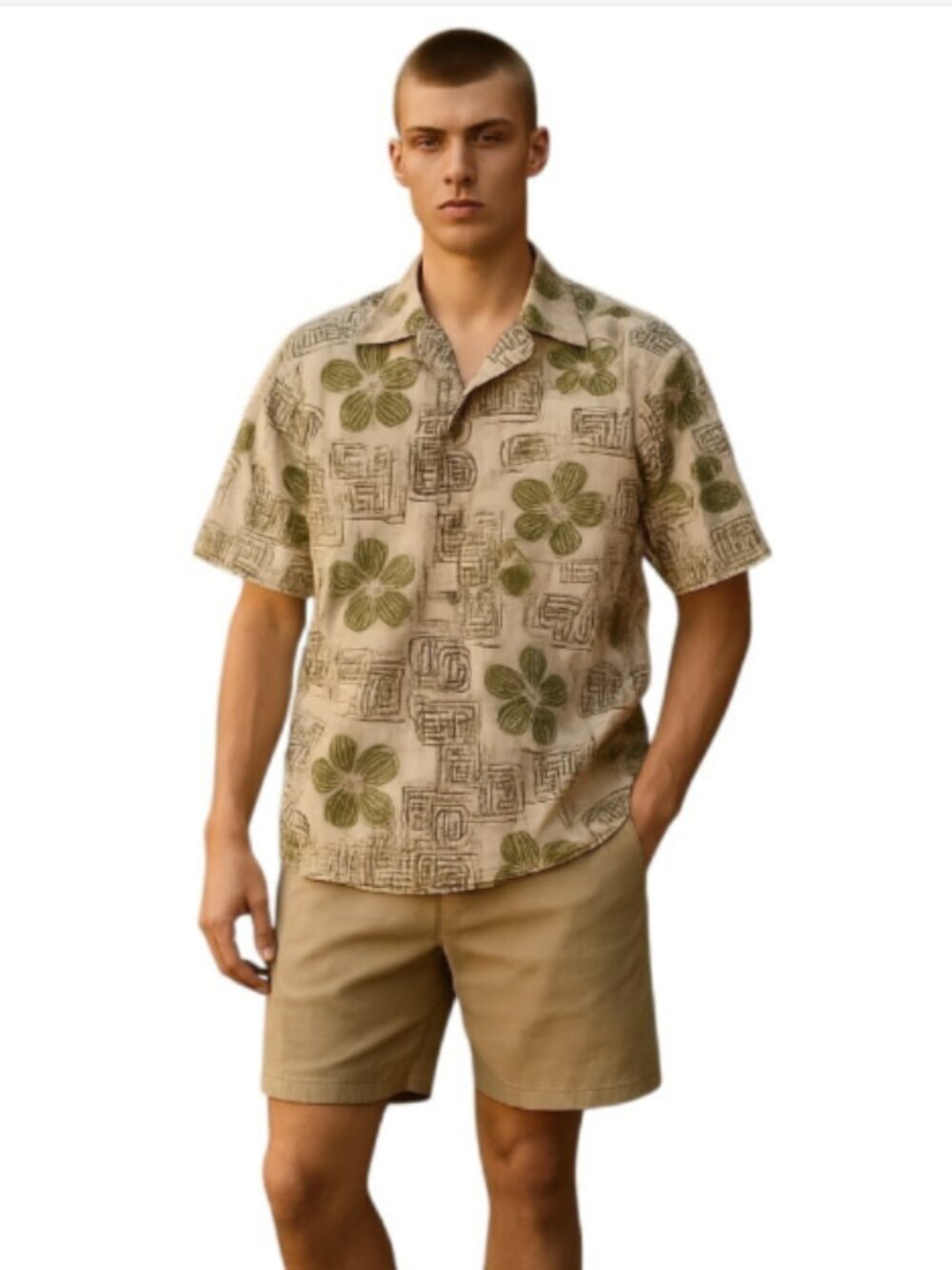 Vintage Men's XL Hawaiian Shirt All Cotton Green White Design Made in Hawaii - Picture 1 of 16